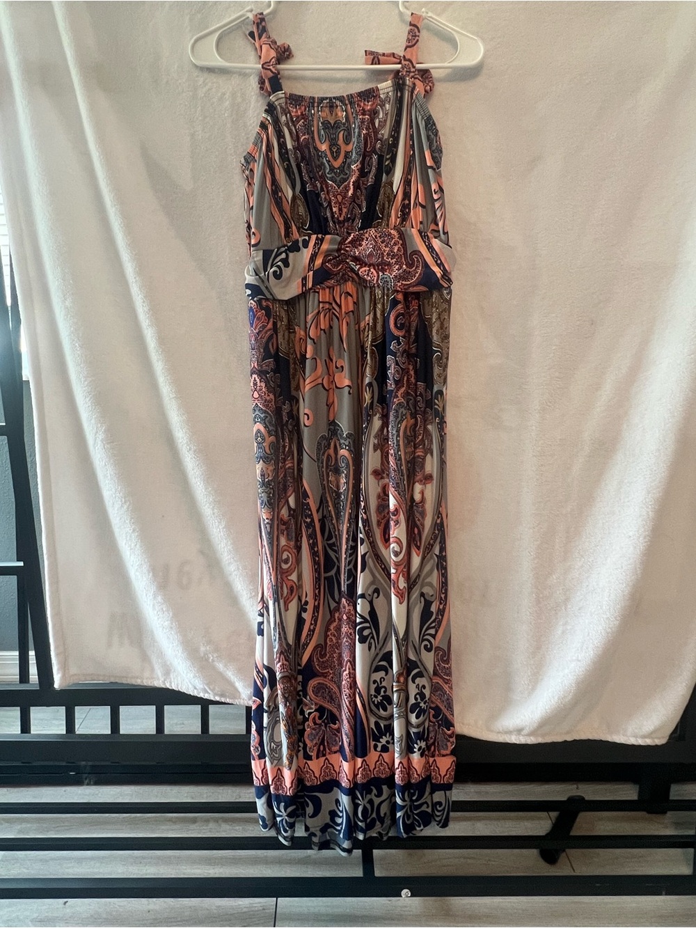 Paisley Tie-Shoulder Maxi Dress in Peach and Navy